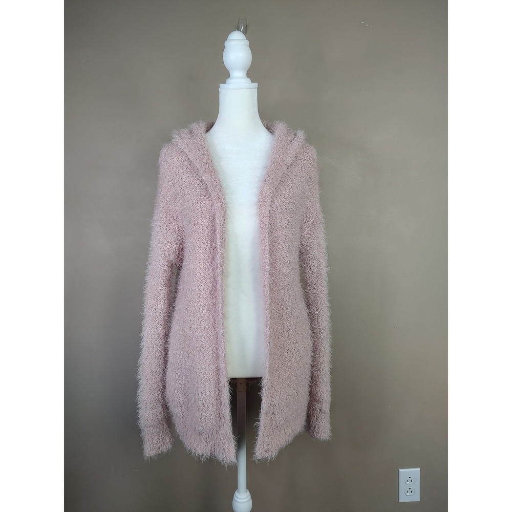 Mudd Womens Blush Pink Eyelash Knit Hooded Open Front Cardigan Sweater Small